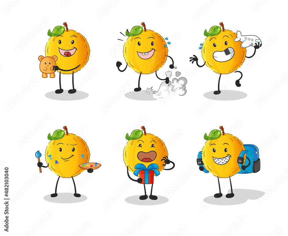jackfruit children group character. cartoon mascot vector