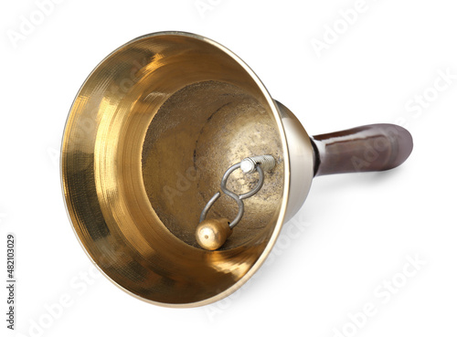 Golden school bell with wooden handle isolated on white