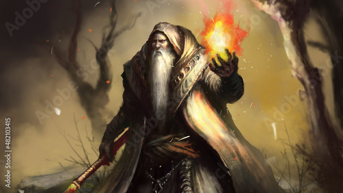 Canvastavla An old wizard in a robe with a staff and amulets uses fire magic, he has a staff with a fire crystal and a thick gray beard