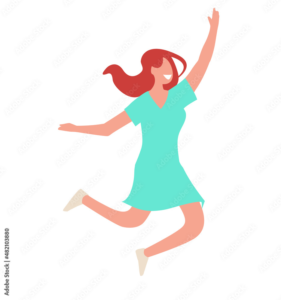 Drawing of a happy, healthy and young girl smiling and jumping while dancing with a blue dress - flat design illustration to represent a positive attitude Drawing of a happy, healthy and young girl smiling and jumping while dancing with a blue dress - flat design illustration to represent a positive attitude