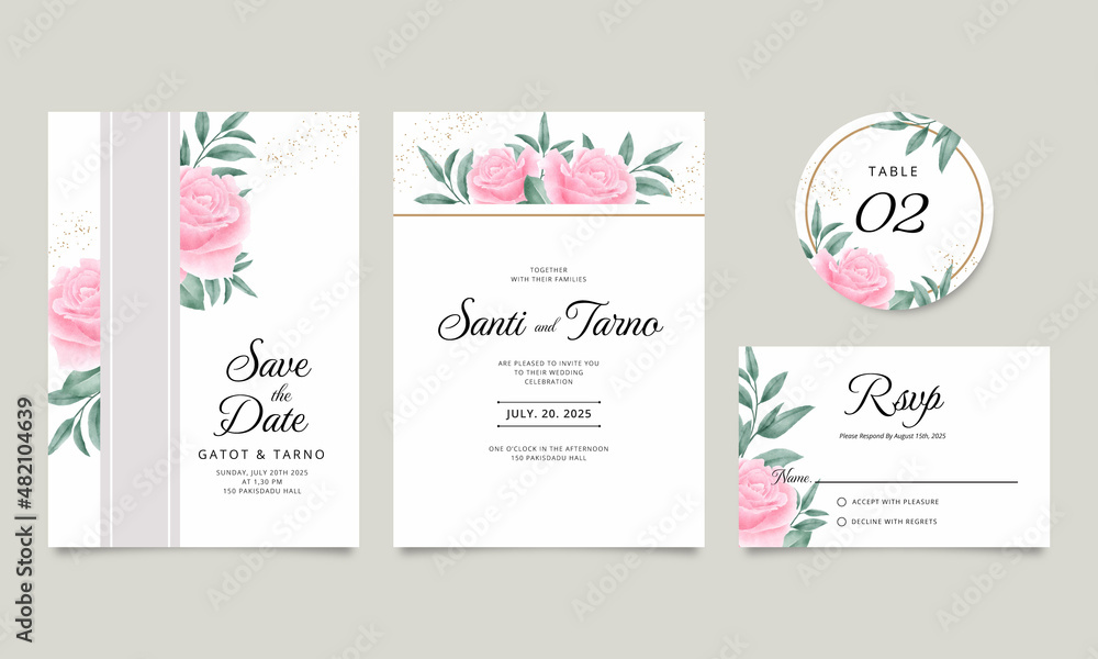 Elegant wedding invitation card template set with roses and leaves decoration