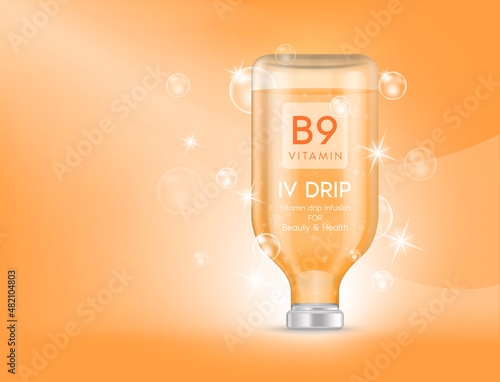 IV bag vitamin B9 dripping orange. Bottles of vitamins iv drip therapy minerals healthy for health and skin. Injection intravenous infusion of natural nutrients. Medical, beauty concepts. 3D vector.