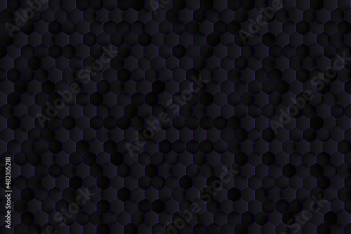 3D Architectural Geometric Texture from Black Hexagons With Purple Light Glow Between Cells. © evilwata