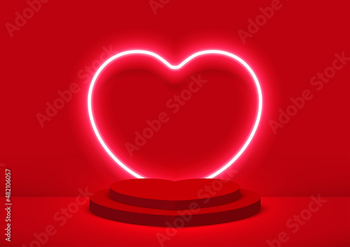 Pedestal podium for product display with heart shape neon lighting on Red background. Vector illustration.
