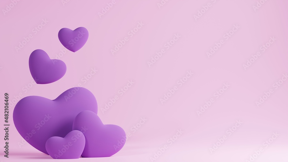 Cute hearts in love decorative composition. Realistic 3d rendering. Celebration background.
