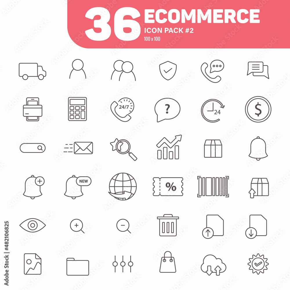 36 Ecommerce Icons Pack #2, Outline Line Art E-Commerce Icons Vector Set 36 Ecommerce Icons Pack #2, Outline Line Art E-Commerce Icons Vector Set