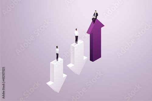 Businessman sit on up arrow business man and woman standing on down arrow.