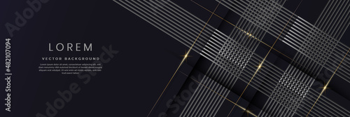 Abstract 3D luxury template silver diagonal dimension lines overlapping with gold lines light effect on dark blue background.