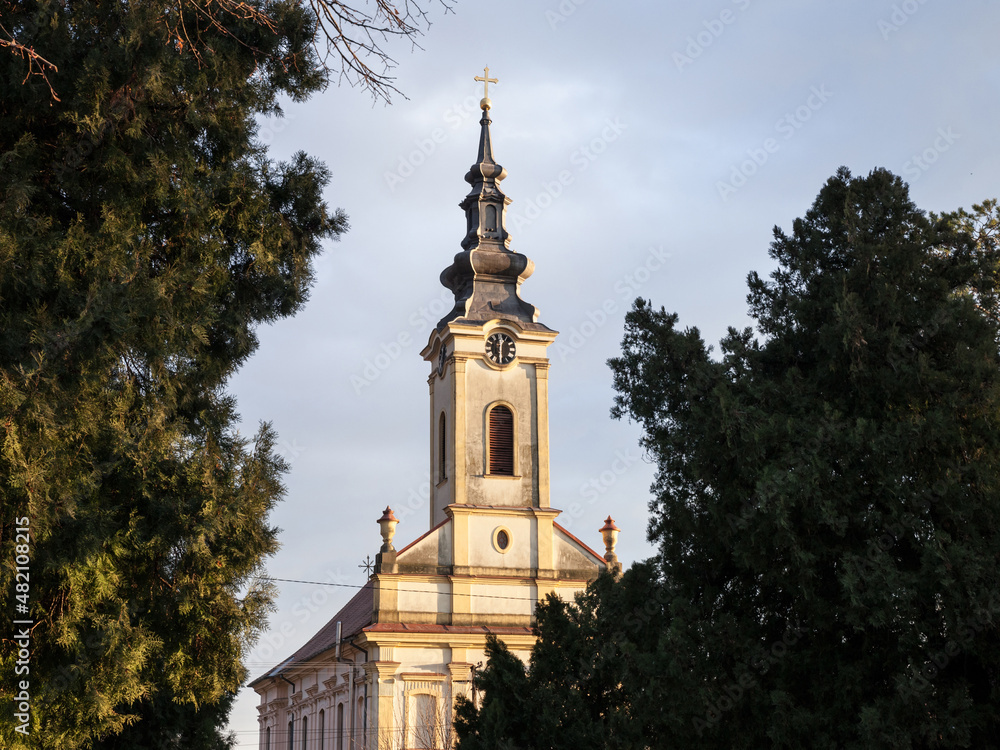 ..Picture of the tower of the Serbian church, in Banatsko Novo Selo, Serbia indicating time. Banatsko Novo Selo is a town located in South Banat District of autonomous province of Vojvodina, Serbia