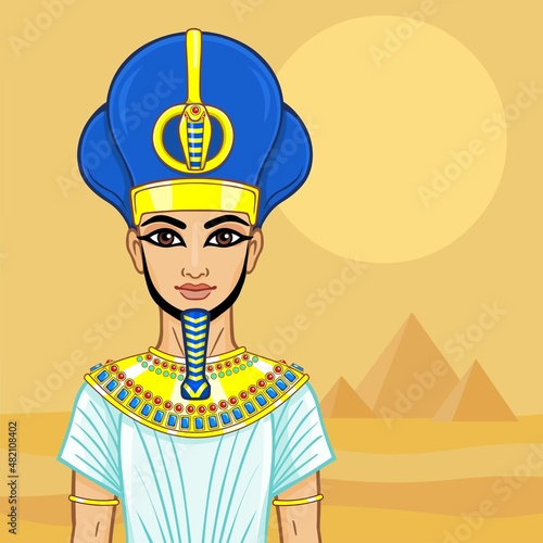 Animation Egyptian Pharaoh in the military crown. Vector illustration. Background - desert landscape, pyramids.