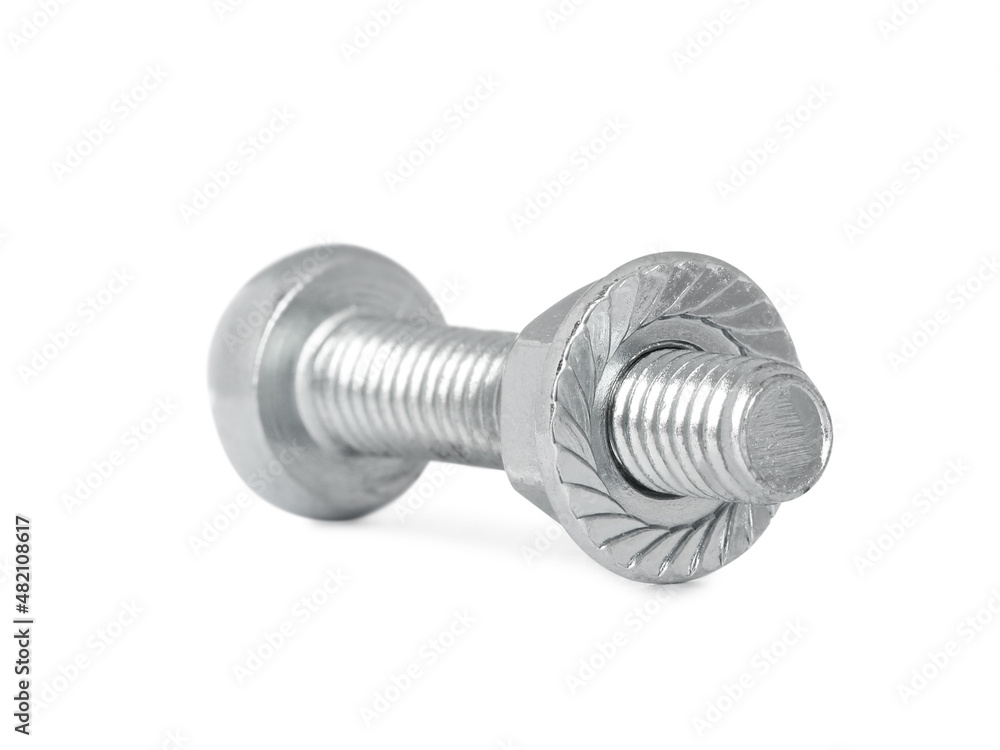 Metal carriage bolt with flange nut isolated on white Metal carriage bolt with flange nut isolated on white