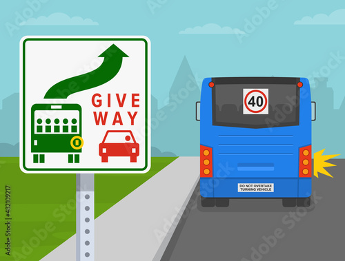 Safety driving and traffic regulating rules. Give way and priority to buses when they are signaling to pull away from stops. Close-up view of australian sign. Flat vector illustration template.