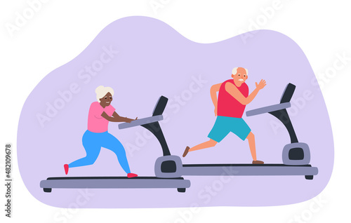 senior man and woman running treadmill home workout healthy lifestyle vector illustration