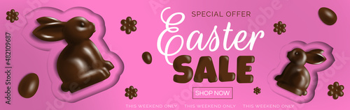 easter sale banner  design with 3d chocolate rabbits eggs and flowers  on pink background vector illustration