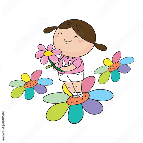 Cartoon little cute girl in pink dress holding flower  illustrator vector cartoon drawing