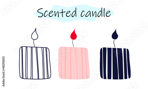 The scented candle is wide with decorative stripes and a burning fire. Vector illustration in color, linear and solid design on a white background.