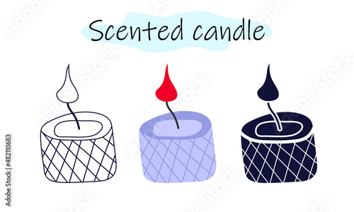 The scented candle is wide with decorative stripes and a burning fire. Vector illustration in color, linear and solid design on a white background.