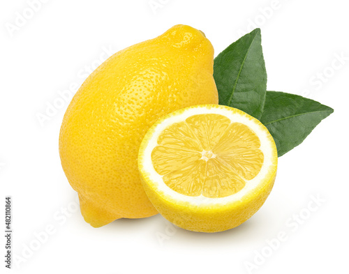 Ripe lemon fruit and slices with leaves isolated on white background, Fresh and Juicy Lemon..