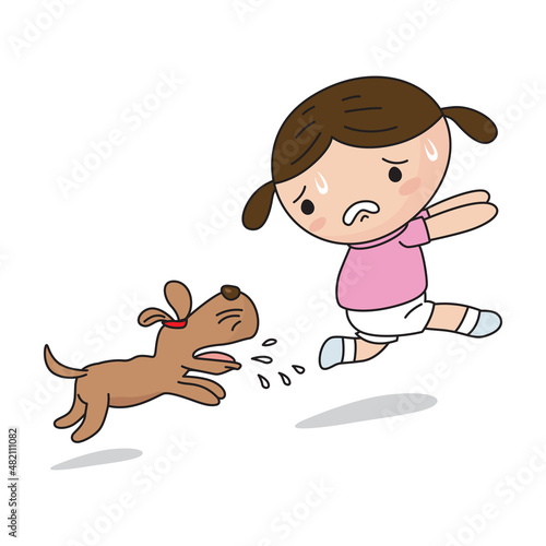 Cartoon little cute girl in pink dress runs away from the dog barking, illustrator vector cartoon drawing
