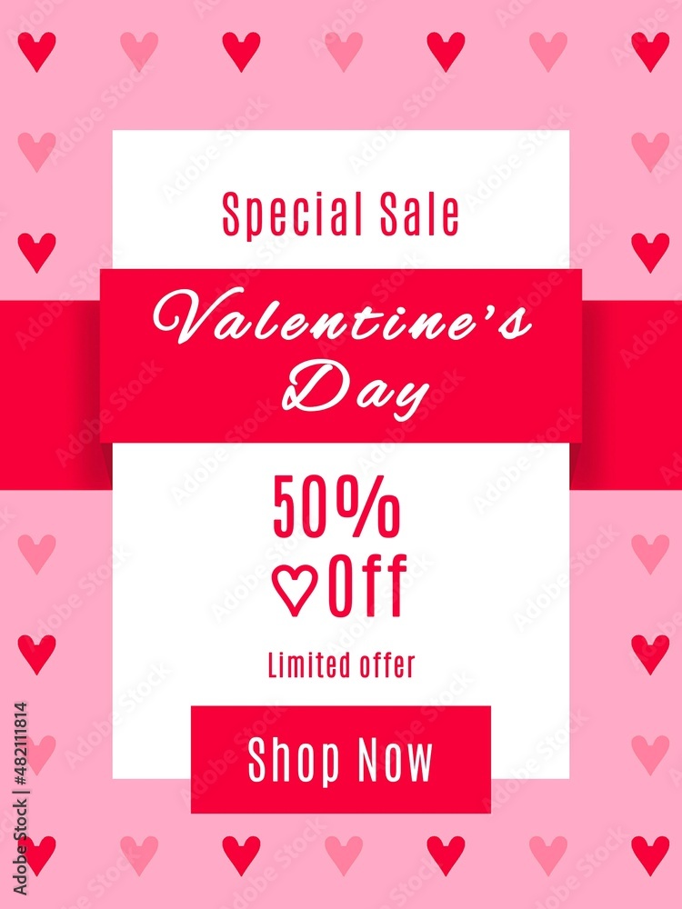 Special sale valentine's day 50% off limited offer, shop now. Fifty percent off, valentines day discount banner.