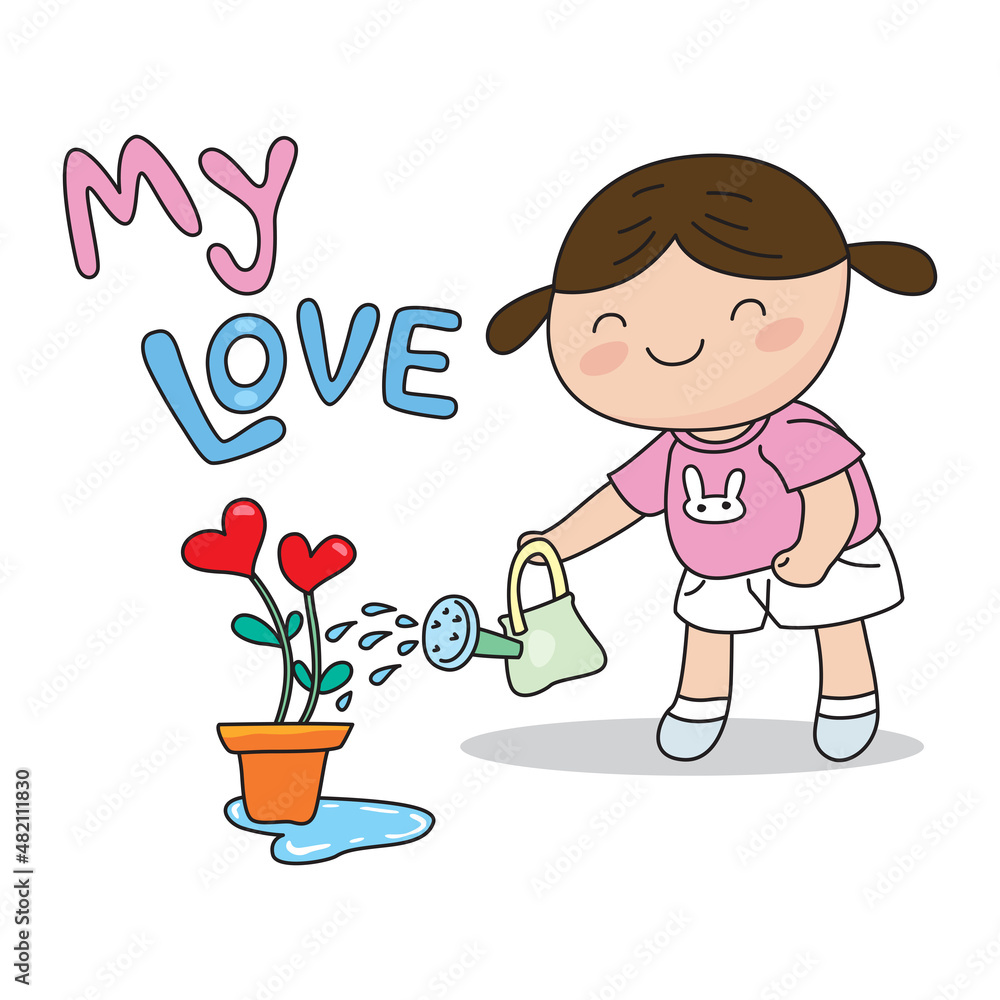 Cartoon little cute girl watering heart plant in a pot, illustrator vector cartoon drawing Cartoon little cute girl watering heart plant in a pot, illustrator vector cartoon drawing