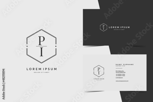 simple hexagon PI monogram logo icon. Modern elegant minimalist design with professional business card template