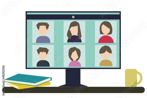 Group of people video chatting together. Vector Illustration of people connecting online with teleconference.  Pc screen and People working from home. 
