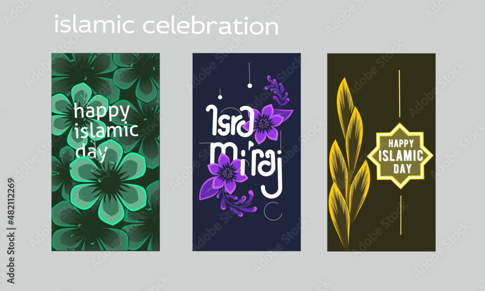 Naklejka premium Islamic day celebration poster .modern neon flower theme in nice colorful design. Featuring beautiful flowers with the theme of Ramadan, isra mi'raj and islamic days .trendy poster typography .eps 10