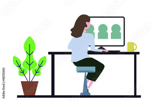 Vector illustration of women video chatting and online group meeting - teamwork and remote freelance. Pc screen with people.