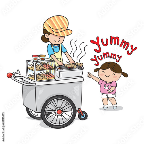 Cute young girl buys meatballs from a meatball cart selling, street food cart trolley, illustrator vector cartoon drawing