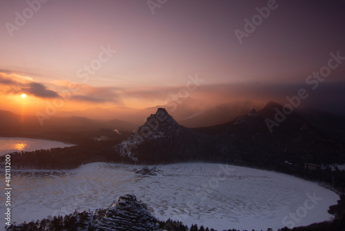 Sunset over Lake Borovoe in Burabay National Park, Aqmola Region, Kazakhstan. photo