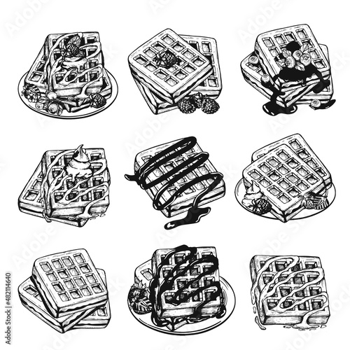 Belgian waffles vector sketch. Belgian waffles with chocolate cream and blueberries vector sketch. Belgian waffles on plate hand drawing. eps art vector 