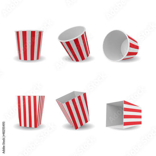 Striped paper box for popcorn isolated on white background. Vector. mockup of empty white and red bucket for popcorn.