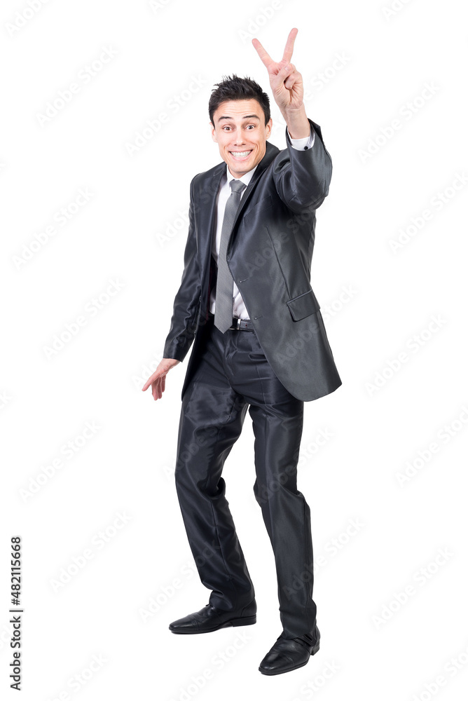 Cheerful businessman showing peace sign. White background. Cheerful businessman showing peace sign. White background.
