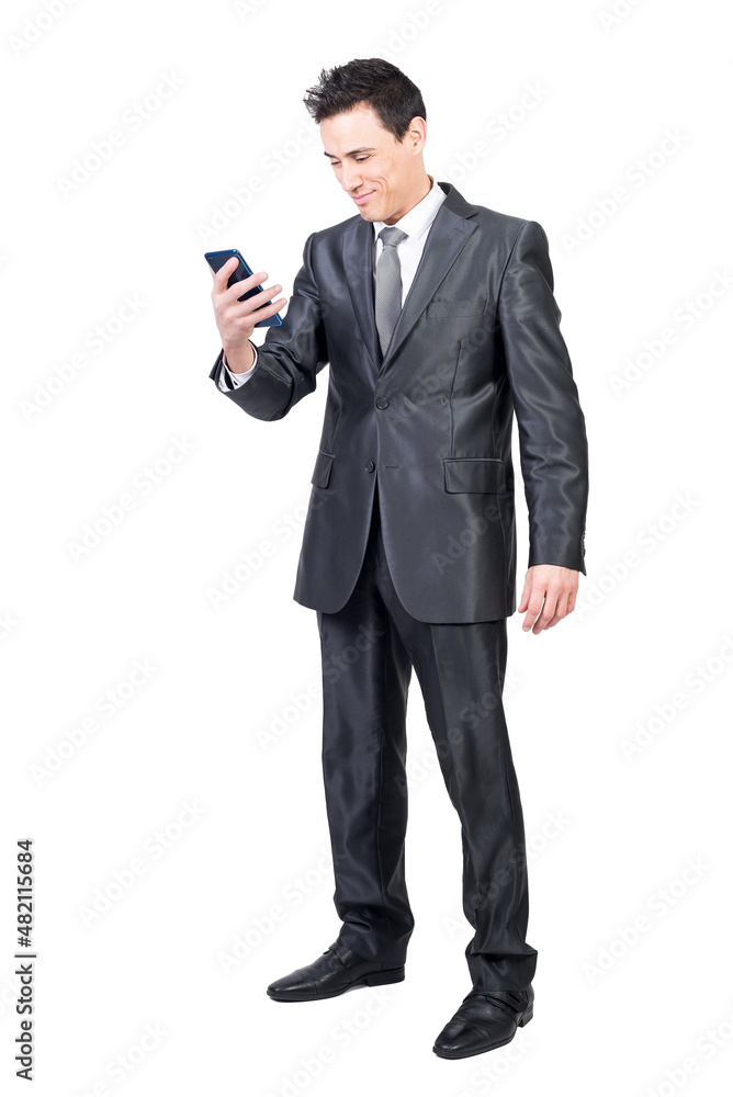Content man in suit browsing smartphone. White background. Content man in suit browsing smartphone. White background.