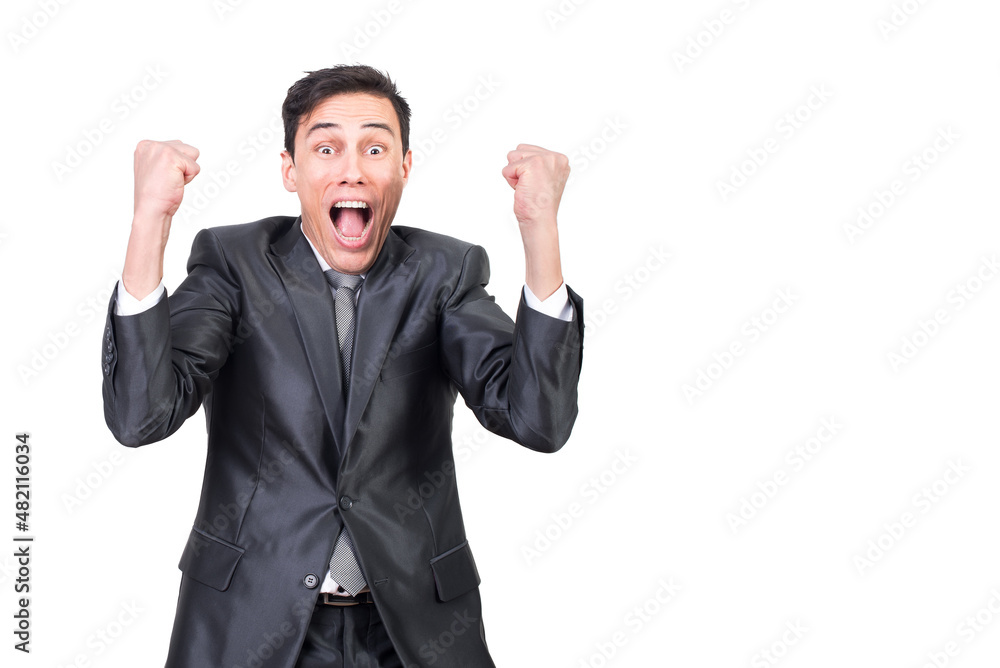 Cheerful young man screaming while celebrating successful deal Cheerful young man screaming while celebrating successful deal