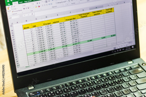 Shot of an excel sheet on computer screen showing bank loan amortization table. Accounting