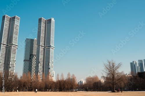 Photography Seoul Forest Park and apartment building at winter in Seoul, Korea