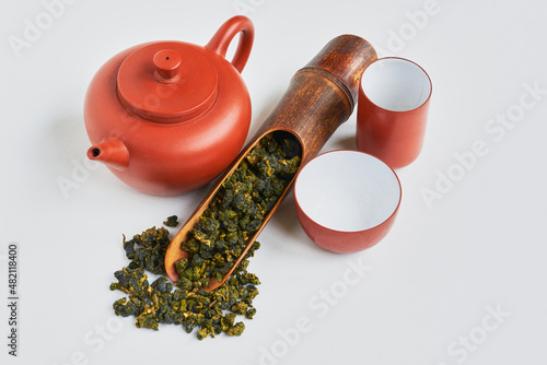 Принти на полотні Traditional сhinese teapot made of Yixing clay, oolong Li shan tea, tea wooden