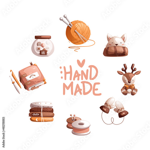 Round composition, Handmade inscription and elements related to knitting and knitted amigurumi toys. Detailed vector illustration.