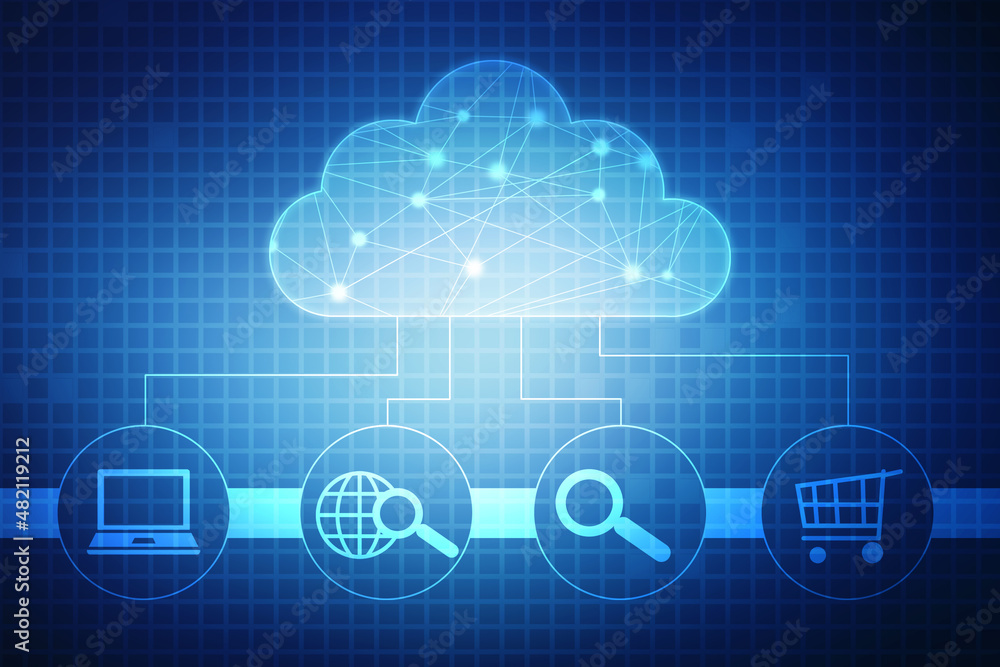 2d illustration of Cloud computing, Digital Cloud computing Concept background. Cyber technology, internet data storage, database and data server concept 2d illustration of Cloud computing, Digital Cloud computing Concept background. Cyber technology, internet data storage, database and data server concept