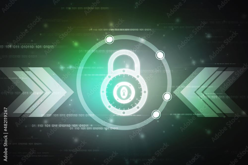 Fototapeta premium Digital Padlock on abstract technology background, Technology security concept. Modern safety digital background. Protection system, Cyber Security and safety information, personal data concept