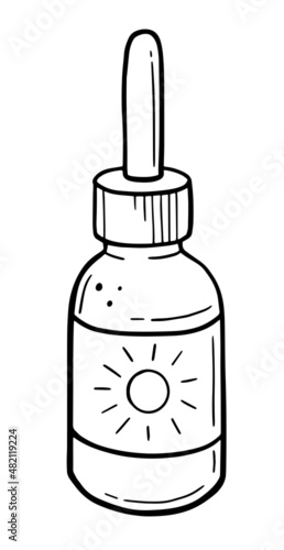 Vector illustration of vitamin d drops. bioadditives, supplement, amino acids. medicine jar, doodle