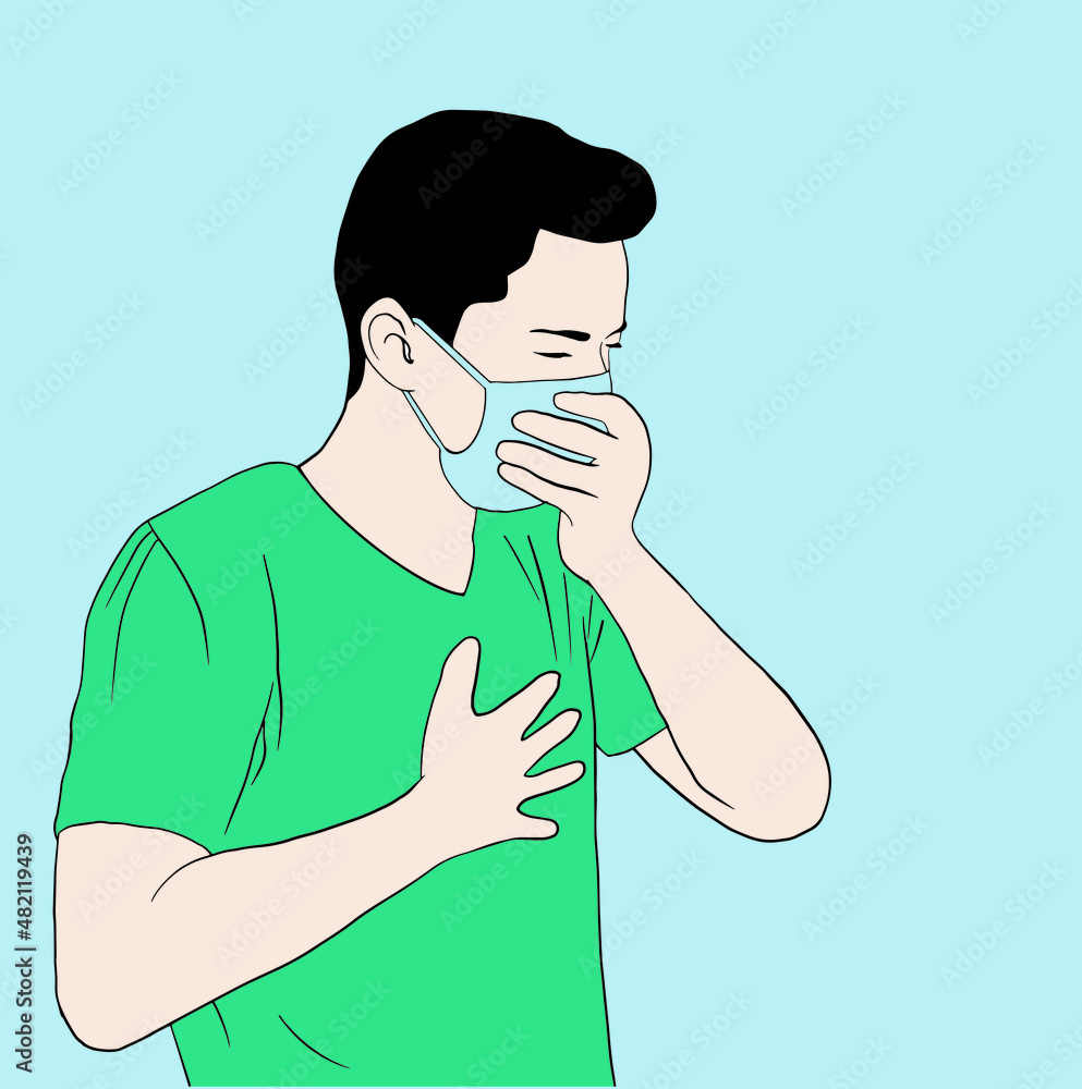 Man wearing a mask, coughing, sneezing, chest pain, vector illustration. Man wearing a mask, coughing, sneezing, chest pain, vector illustration.