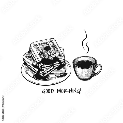 Belgian waffles with chocolate cream and blueberries vector sketch. Belgian waffles on plate hand drawing. coffee mug vector sketch. cup of hot black coffee hand drawn vector. eps art vector