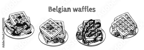 belgian waffle menu template sketch vector.  Belgian waffles with chocolate cream and blueberries vector sketch. Belgian waffles on plate hand drawing. eps art vector photo