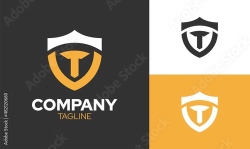 The concept of the letter t logo with a crown and forming a king s face shaped like a shield. Vector illustration templates.