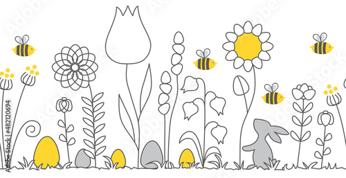 blumenwiese ostern, nahtlos, muster, hintergrund, mit bienen, osterhase und ostereier