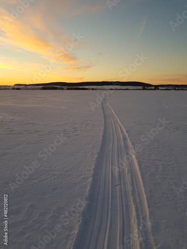 Snowmobile tracks in the snow