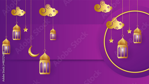 golden lantern arabic purple Islamic design background. Universal ramadan kareem banner background with lantern, moon, islamic pattern, mosque and abstract luxury islamic elements
